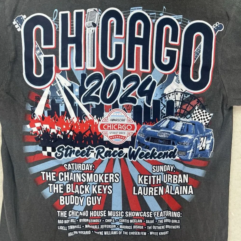 NASCAR Chicago Street Race 2024 Graphic Tshirt Gray Double Sided Mens Size Large
